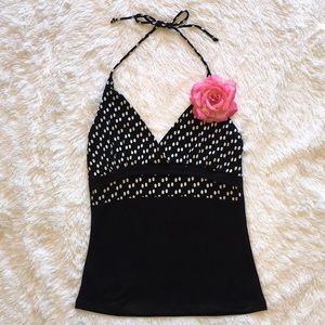 Black & White Flower Polka Dot Halter Top, Medium